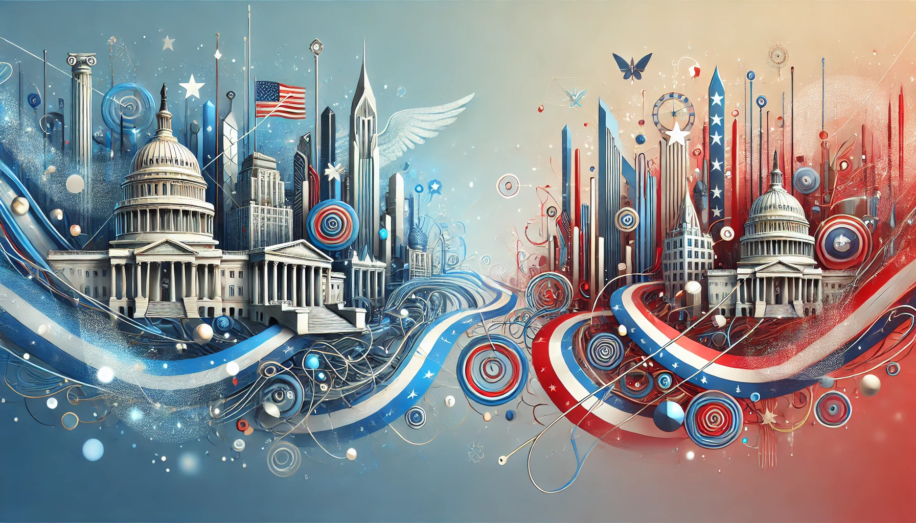 A dynamic and modern horizontal header image for a blog article about the impact of the current political climate on small businesses. The image should feature abstract elements symbolizing political changes, such as stylized buildings representing government and business, with intertwining paths or connections signifying the complex relationship between politics and business. The color palette should include shades of blue and red to represent political themes, with touches of gold and white to convey optimism and resilience. The overall composition should be balanced, visually engaging, and convey a sense of movement and challenge, suitable as a blog header.